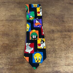 90s VTG Looney Tunes Tie Black Tweety Bugs 100% Silk 60" Business Cartoon Office